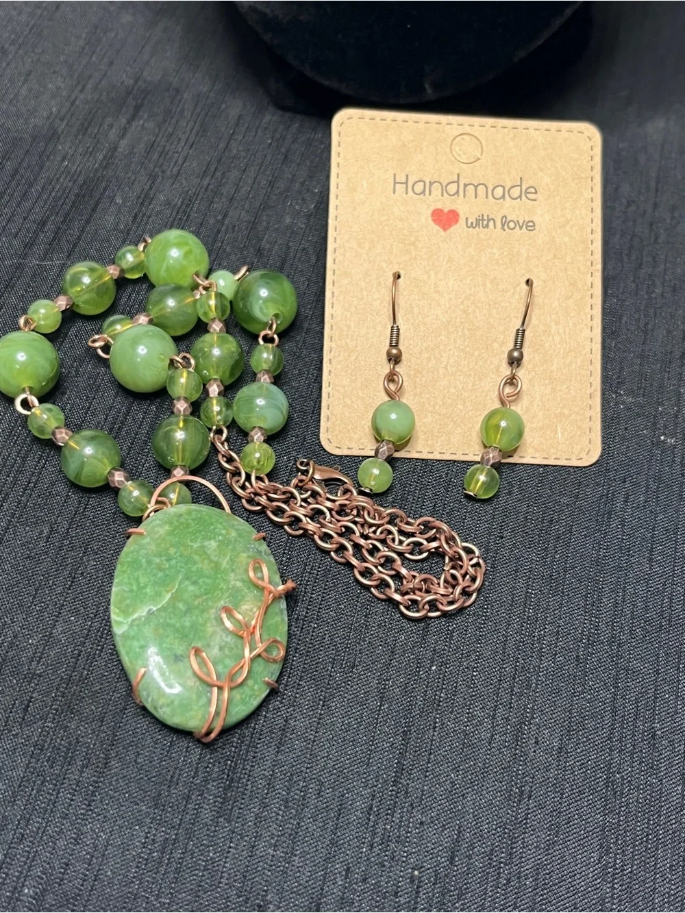 Copper wire wrapped Moss Agate Cabochon & Beads Necklace Earrings 18”